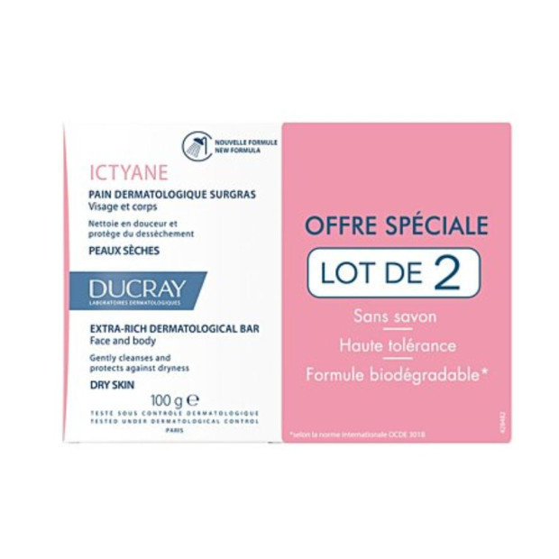 DUCRAY ICTYANE Pain Dermatologique Surgras Visage Et Corps Peaux Seches, lot 2x100g | Parashop.com