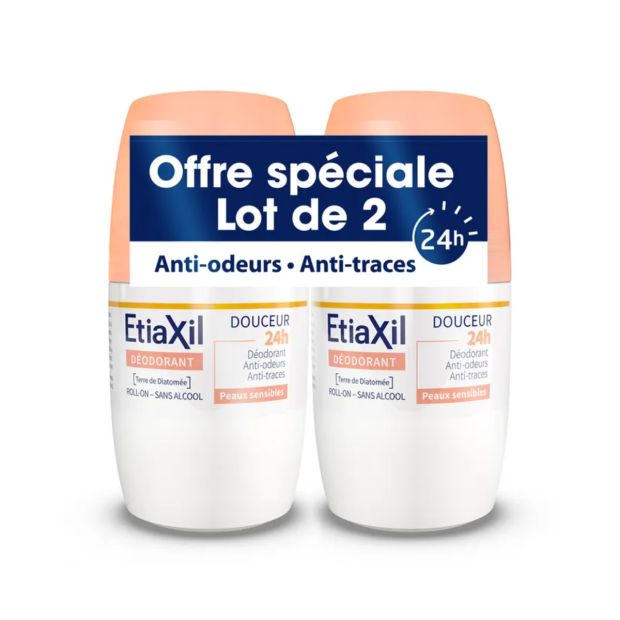 Déodorant Roll-On Douceur 24H Peaux Sensibles, Lot 2X50ml