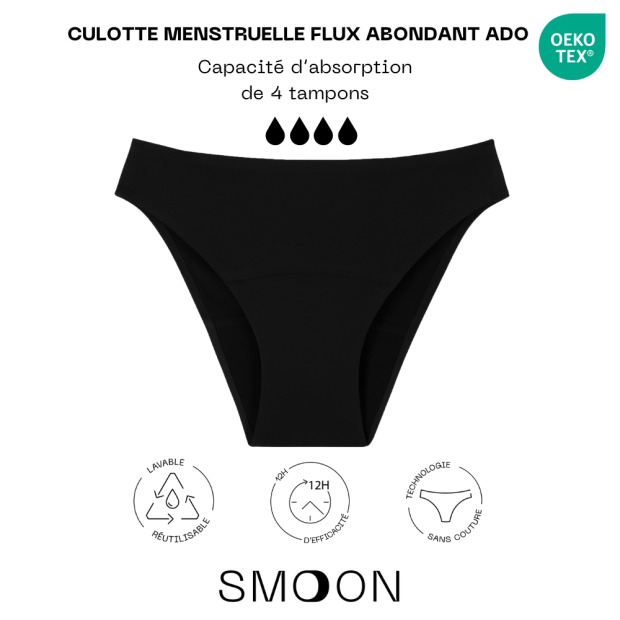 Culotte Menstruelle Sans Couture Flux Abondant Ado Noir T14-16Ans