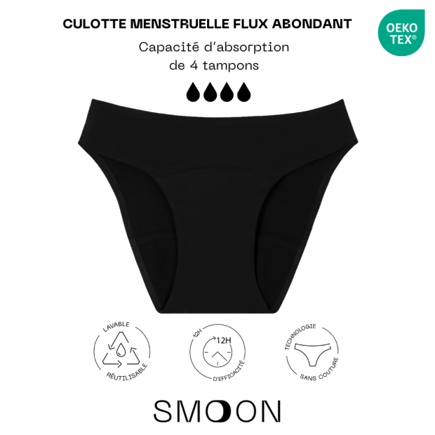 Culotte Menstruelle Sans Couture Flux Abondant Noir S