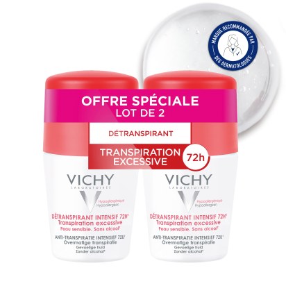 Détranspirant intensif 72H, peaux sensibles, Lot de 2 Roll-on 50ml Vichy - Parashop