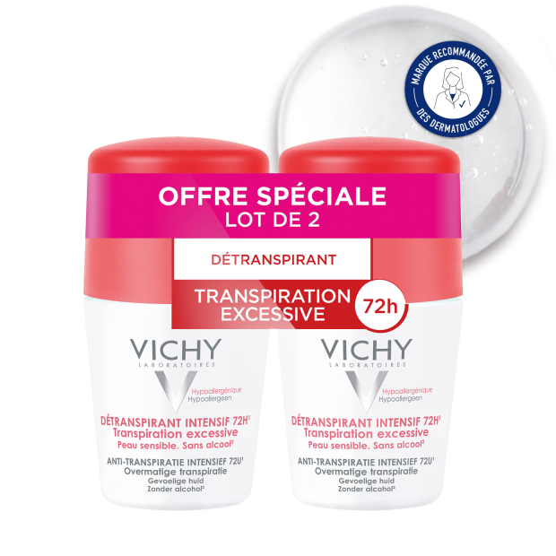 Détranspirant intensif 72H, peaux sensibles, Lot de 2 Roll-on 50ml Vichy - Parashop