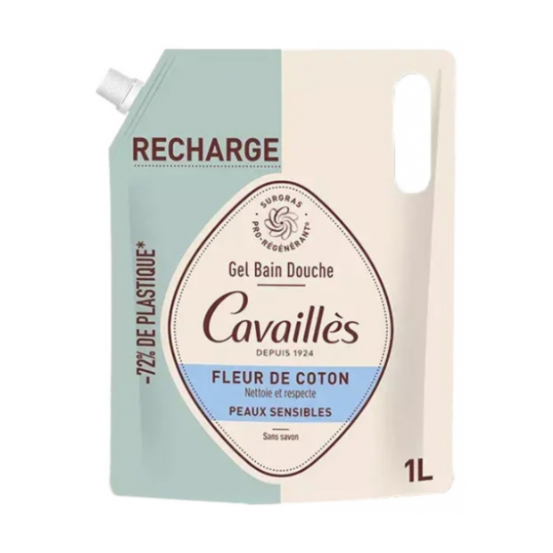 Gel Bain Douche Peaux Sensibles Fleur de Coton Éco-Recharge, 1L