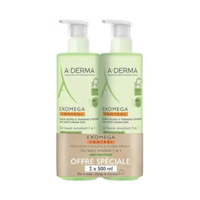 Exomega Control Gel Lavant Émollient Anti-Grattage Corps & Cheveux, Lot 2x500ml - Parashop.com