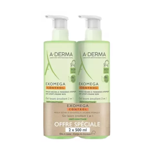 Exomega Control Gel Lavant Émollient Anti-Grattage Corps & Cheveux, Lot 2x500ml - Parashop.com