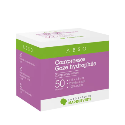 Marque Verte Abso Compresses de gaze hydrophile 7.5x7.5cm, 50 sachets de 2 - Parashop.com