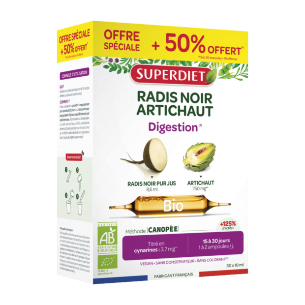 Radis Noir Artichaut Digestion Bio, 20 Ampoules + 10 Ampoules Offertes | Parashop.com