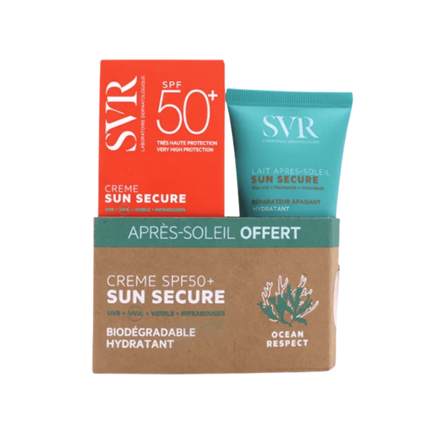 SUN SECURE Crème Solaire Biodégradable SPF50+ 50ml + Lait Après-Soleil Apaisant 50ml Offert | Parashop.com
