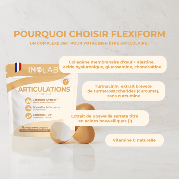 Flexiform Complément Articulaire Collagène d’Œuf, Curcuma, Boswellia et Vitamine C, 60 comprimés