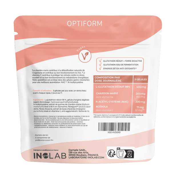 Optiform Gluthation Réduit 98% Antioxydant Détox, 90 Gélules