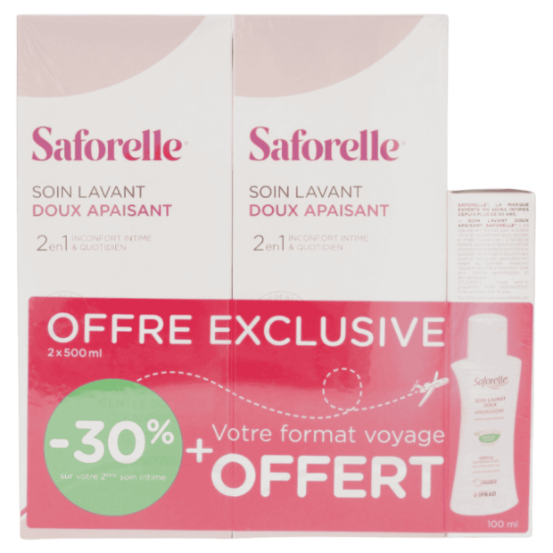 Saforelle Soin Lavant Doux Peaux Sensibles Ou Irritees 2x500ml + Format 100ml OFFERT | Parashop.com