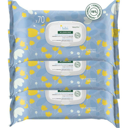 BEBE KLORANE BÉBÉ Lingettes nettoyantes au calendula. Lot de 3 dévidoirs de 70 Klorane - Parashop