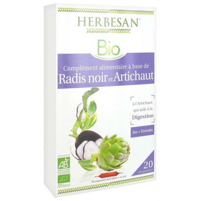 Radis noir artichaut digestion bio, 20 ampoules x 15ml Herbesan - Parashop