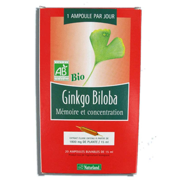 Extrait Fluide Ginkgo Biloba. Boîte 20 Ampoules Naturland - Parashop