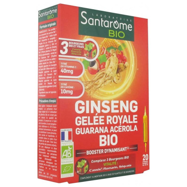 GINSENG GELÉE ROYALE GUARANA ACÉROLA BIO Booster dynamisant, 20 ampoules