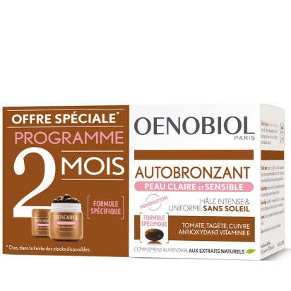 Autobronzant peau claire sensible, lot 2x30 gélules