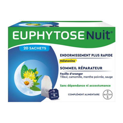 EUPHYTOSE NUIT Sommeil Mélatonine et Feuille d'Oranger, 20 Sachets à Infuser Bayer - Parashop
