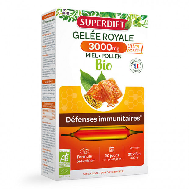 Gelée royale 3000mg bio, 20 ampoules Super Diet - Parashop