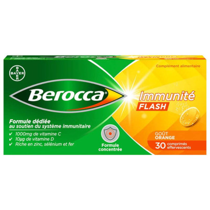 BEROCCA IMMUNITÉ Flash Vitamine D, C, Zinc et Fer, 30 comprimés effervescents Bayer - Parashop