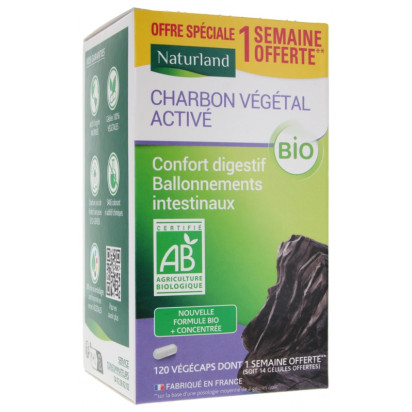 Charbon Végétal Activé bio, 120 végécaps Naturland - Parashop