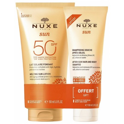 SUN Lait fondant SPF50 150ml + Shampoing douche après-soleil 100ml OFFERT Nuxe - Parashop