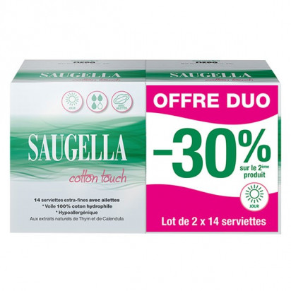 Serviettes extra fines avec ailettes jour, lot 2x14 serviettes Saugella - Parashop