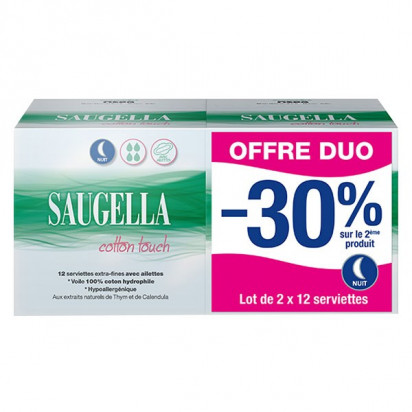 COTTON TOUCH Serviettes extra-fines nuit ailettes, lot 2x12 Saugella - Parashop