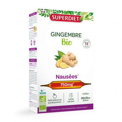 Gingembre bio nausées & mal des transports, 20 ampoules Super Diet - Parashop