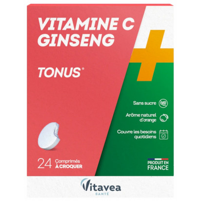 Vitamine C Ginseng Tonus sans sucre arôme orange, 24 comprimés à croquer Nutrisanté - Parashop