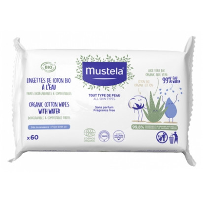 Lingettes de Coton Bio à l'Eau, 60 Lingettes Mustela - Parashop