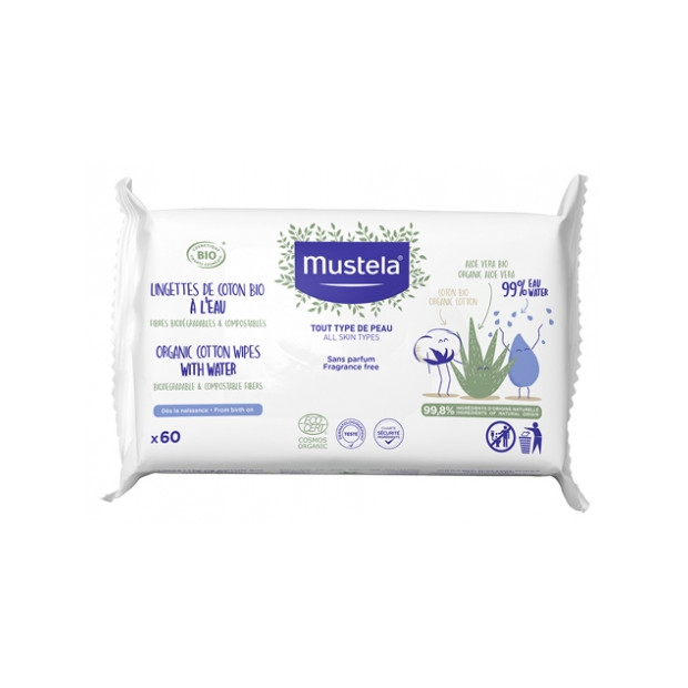 Lingettes de Coton Bio à l'Eau, 60 Lingettes Mustela - Parashop