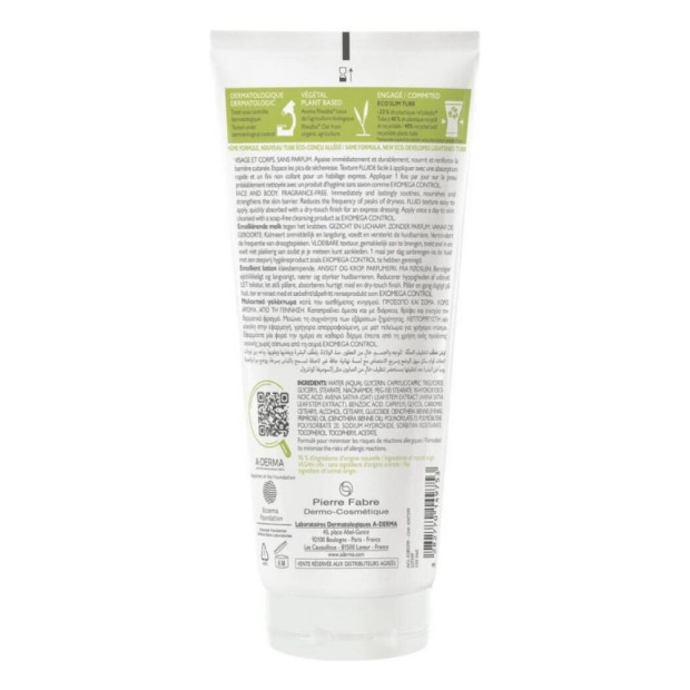 A DERMA EXOMEGA CONTROL Lait Émollient Anti-Grattage Tube Eco Conçu, 200ml | Parashop.com