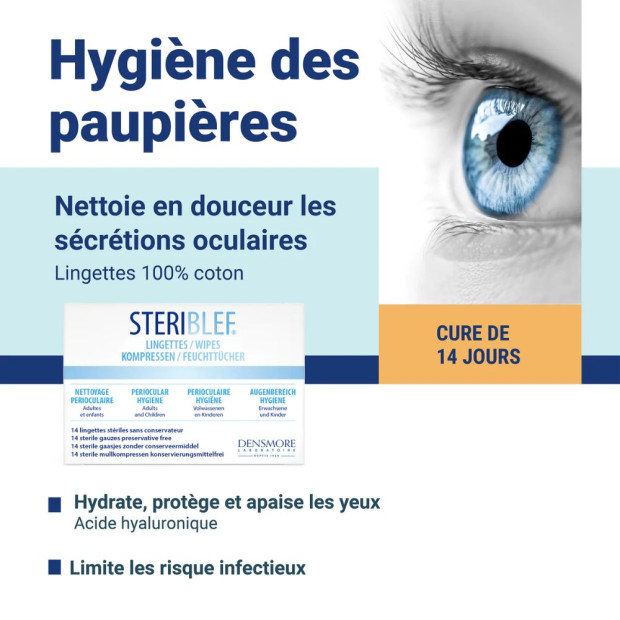 Steriblef Nettoyage Périoculaire Lingettes Stériles, 14 Lingettes