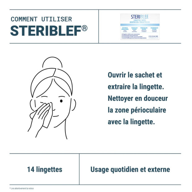 Steriblef Nettoyage Périoculaire Lingettes Stériles, 14 Lingettes