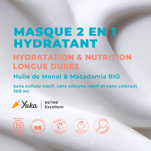 Masque 2-en-1 sans silicone cheveux abîmés monoï & huile de macadamia bio, 300ml Energie Fruit - Parashop